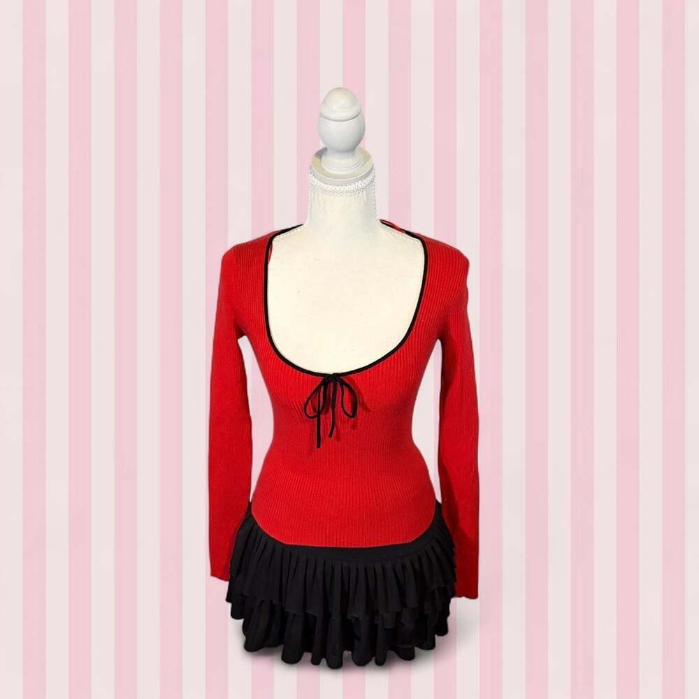 Love Tree Red Ribbed Long Sleeve Top with Black Trim and Bow